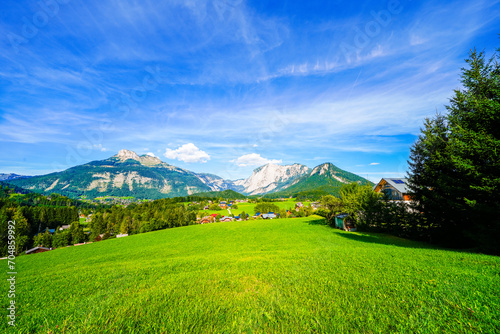 View of the landscape and mountains near Bad Aussee. Spa town in Styria in Austria. Idyllic nature with mountain views. 
