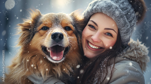 Happy Caucasian Woman with long black hair with a wooly hat playing with her happy brown big dog in the snow with a blurry background