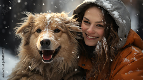 Happy Caucasian Woman with long red hair under a hood playing with her happy brown dog in the snow with a blurry background © ShkYo30