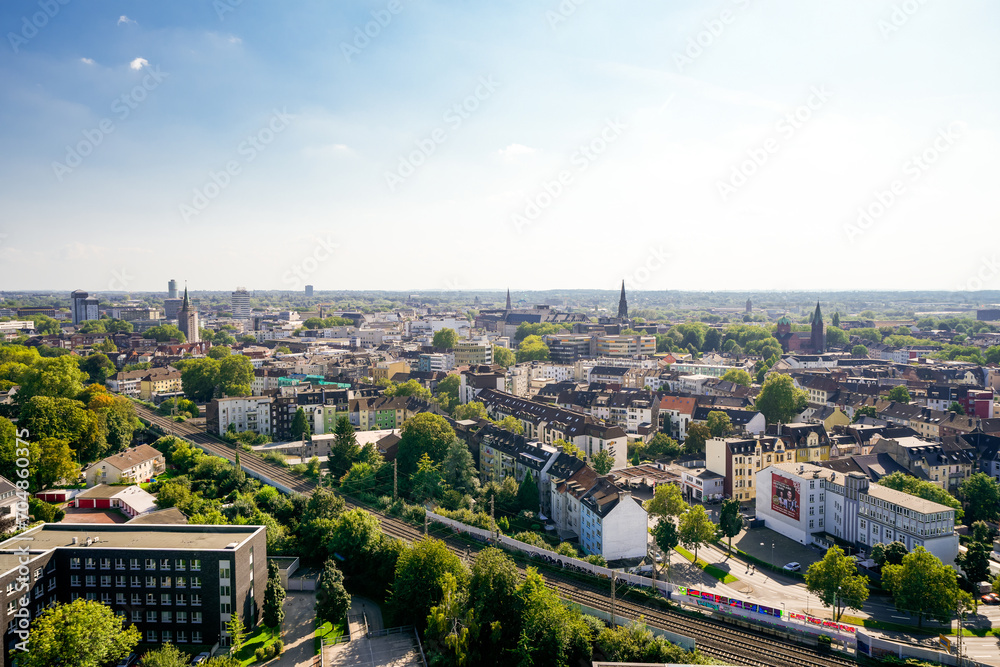View of the city of Bochum with the surrounding landscape in the Ruhr area.
