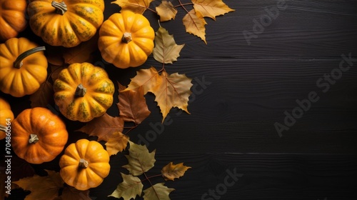 Little pumpkin and autumn maple leaf on the dark color background with copyspace area. Autumn background concept.