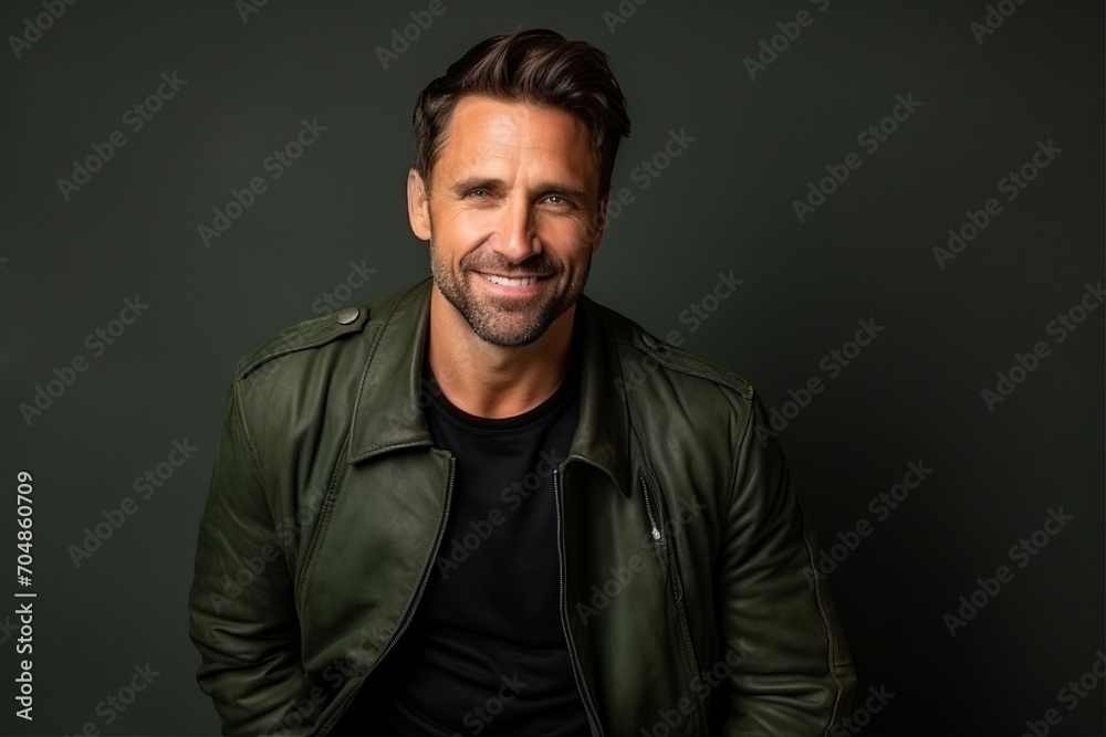 Portrait of a handsome man in a leather jacket smiling at the camera