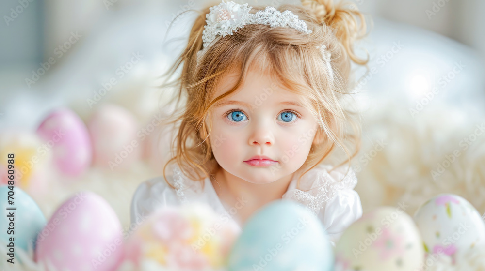 Blonde girl, with blue eyes, colorful eggs scattered, Easter celebration in March, people concept, generative ai Blonde girl, with blue eyes, colorful eggs scattered, Easter celebration in March, people concept, generative ai