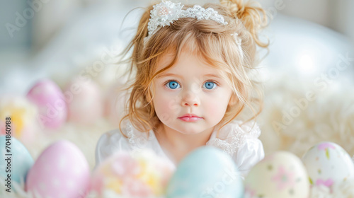 Blonde girl  with blue eyes  colorful eggs scattered  Easter celebration in March  people concept  generative ai