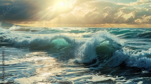  a large body of water with waves coming in and out of the water and a sun shining through the clouds.