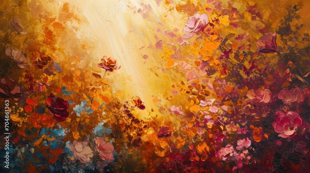  a painting of a field of flowers with the sun shining through the leaves and flowers in the middle of the painting.