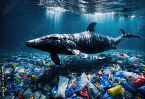une baleine posée au fond de la mer sur des déchets plastiques -generative AI photo