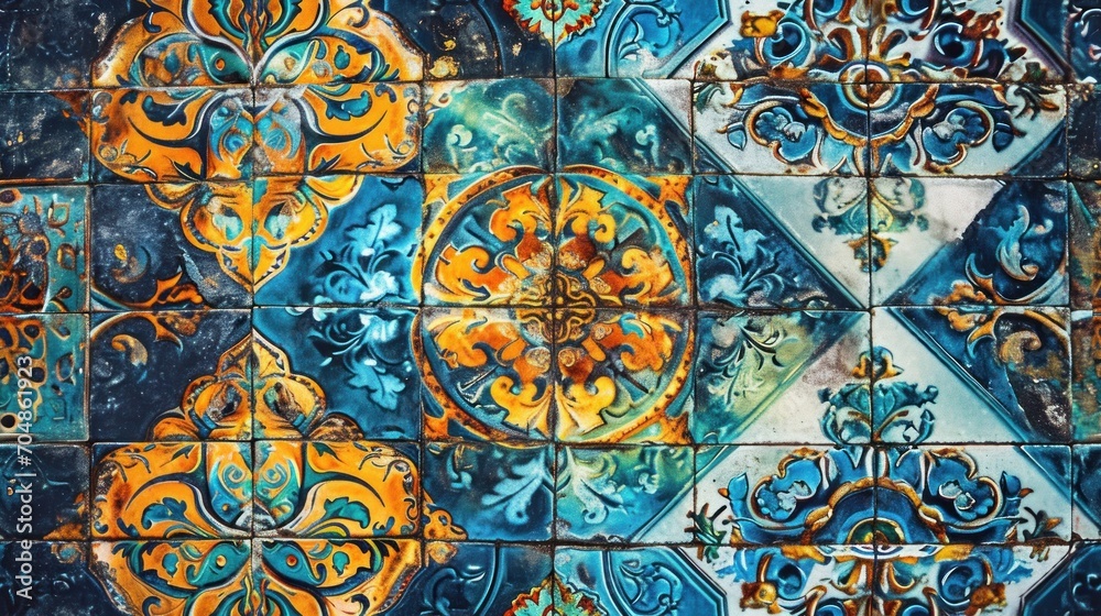  a close up of a tiled wall with blue and orange designs and a yellow circle on the middle of the tile.
