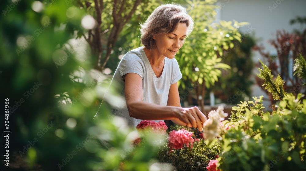 Woman gardener planting flowers in the sunny garden Woman gardener planting flowers in the sunny garden