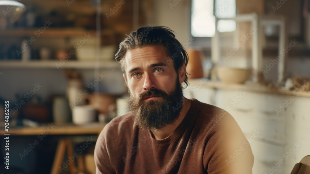 Obraz premium Portrait of a successful and satisfied man potter in his pottery workshop 