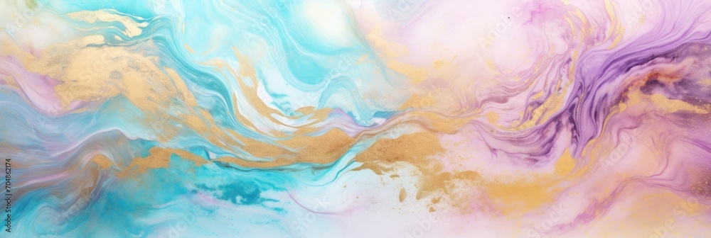 Banner with fluid art texture. Backdrop with abstract mixing paint effect. Liquid acrylic artwork that flows and splashes. Mixed paints for interior poster. Blue, pink, gold and white colors