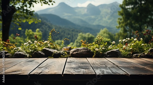 Empty wooden table with background of forest and mountains. Ready for product display