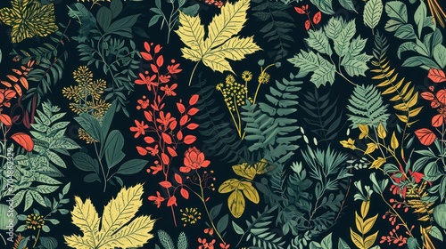  a pattern of leaves and flowers on a black background with red, yellow, green, and orange flowers on the left side of the image.