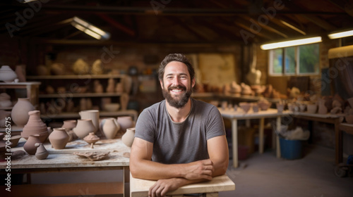 Portrait of a successful and satisfied man potter in his pottery workshop 