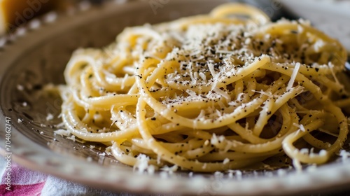  a close up of a plate of pasta with parmesan sprinkles and seasoning on top.