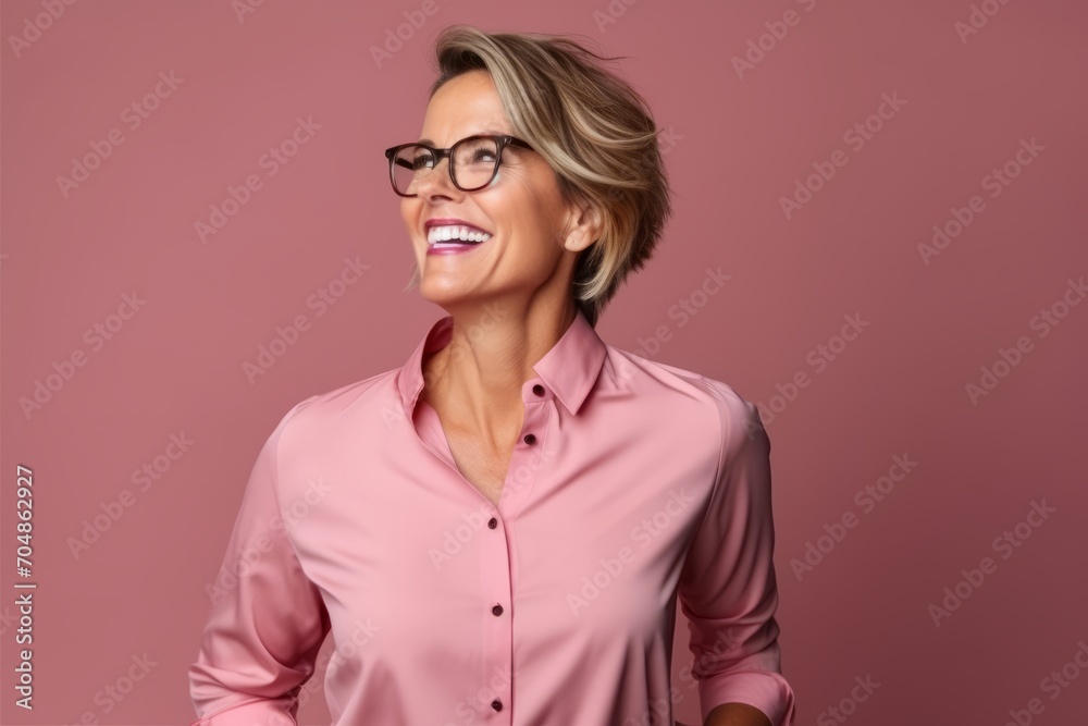 Portrait of a beautiful business woman in pink blouse and glasses