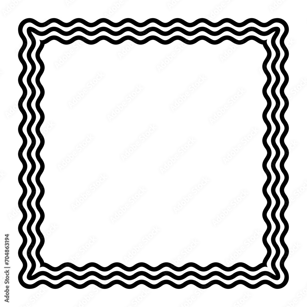 Three bold wavy lines forming a black square shaped frame. Decorative and snake-like border, made by three serpentine lines. Isolated black and white illustration, on white background. Vector. Three bold wavy lines forming a black square shaped frame. Decorative and snake-like border, made by three serpentine lines. Isolated black and white illustration, on white background. Vector.