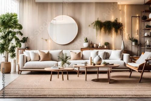 Modern house interior details. Simple cozy beige living room interior with white sofa, decorative pillows, wooden furniture and natural decorations