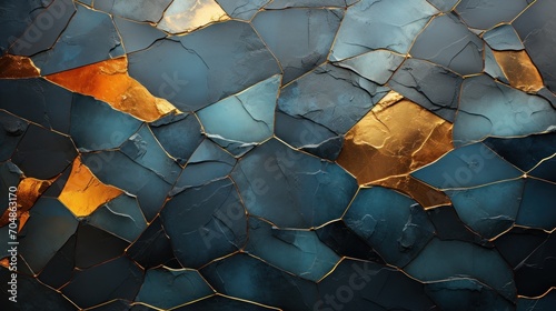 abstract background of dark green and gold cracked plaster