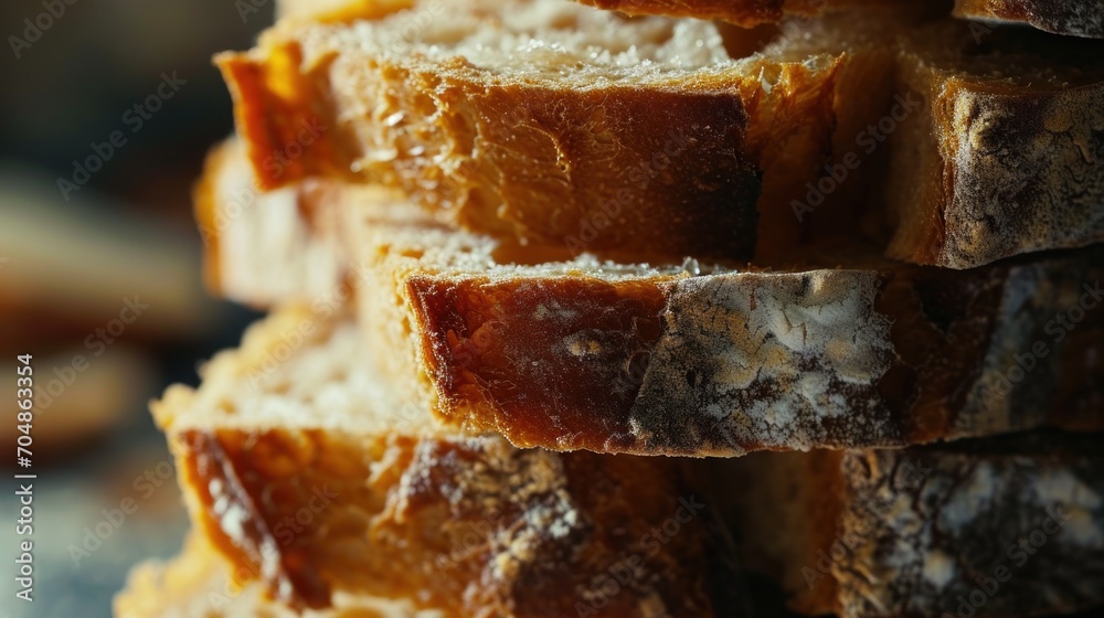 a stack of slices of bread sitting on top of each other on top of a blue tablecloth covered table. a stack of slices of bread sitting on top of each other on top of a blue tablecloth covered table.