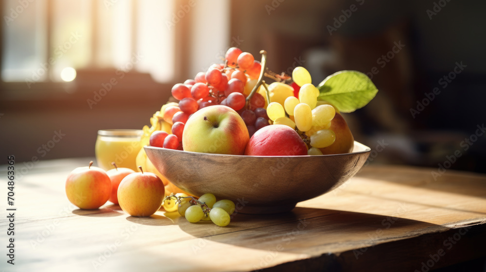 Bow with different fruits on kitchen table Bow with different fruits on kitchen table