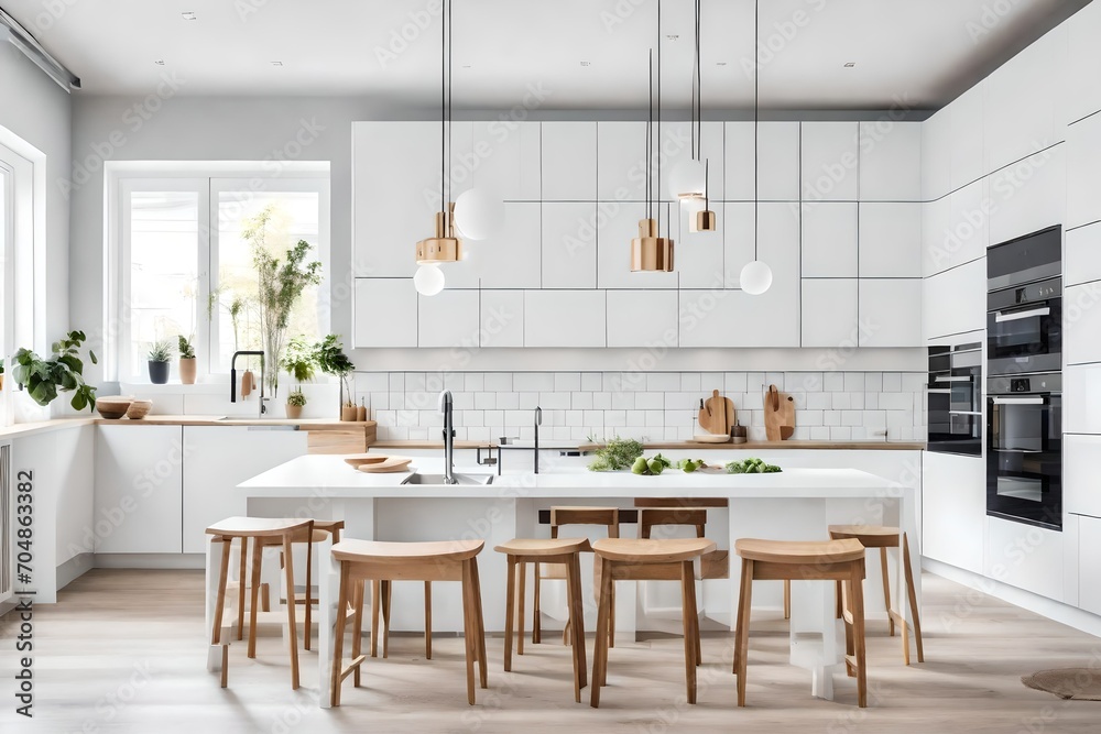 Modern scandinavian, minimalist interior design of kitchen with island, dining table and wooden stool. white view