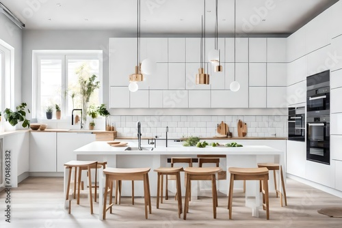 Modern scandinavian  minimalist interior design of kitchen with island  dining table and wooden stool. white view