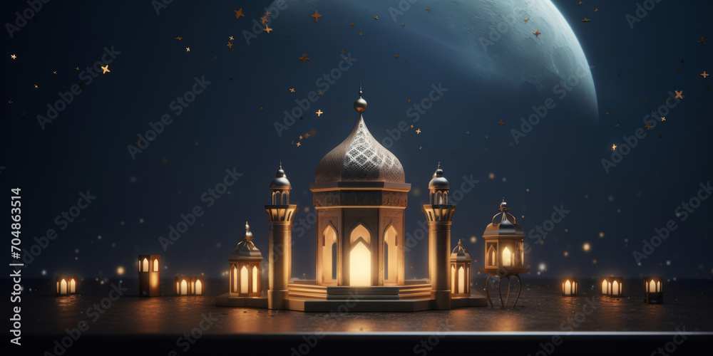 Ornamental Arabic lanterns with burning candle glowing. space for text Ornamental Arabic lanterns with burning candle glowing. space for text