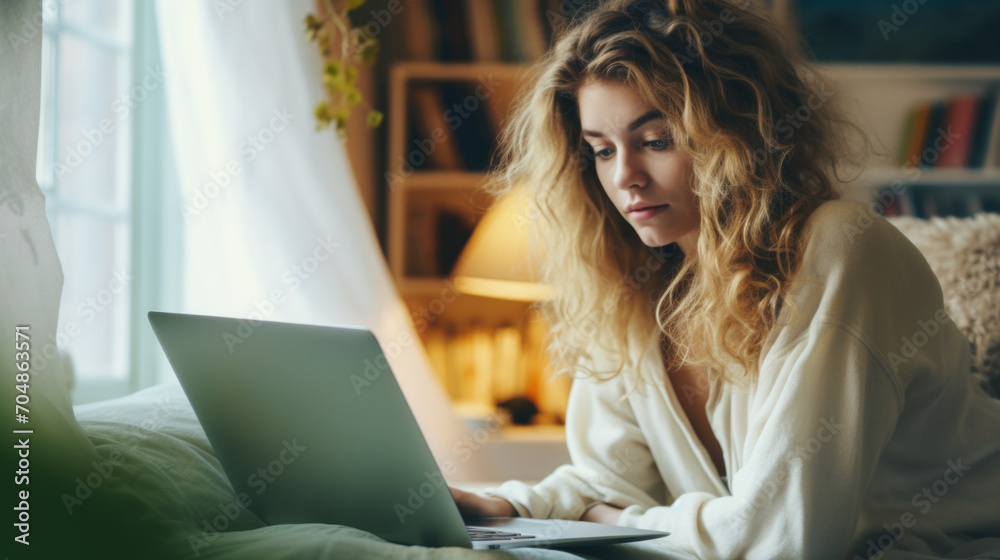 Young woman working on laptop at home - obrazy, fototapety, plakaty 