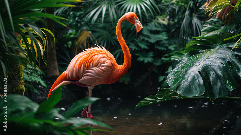 Fototapeta premium a flamingo jungle, water landscape wallpaper, wildlife photo, with empty copy space