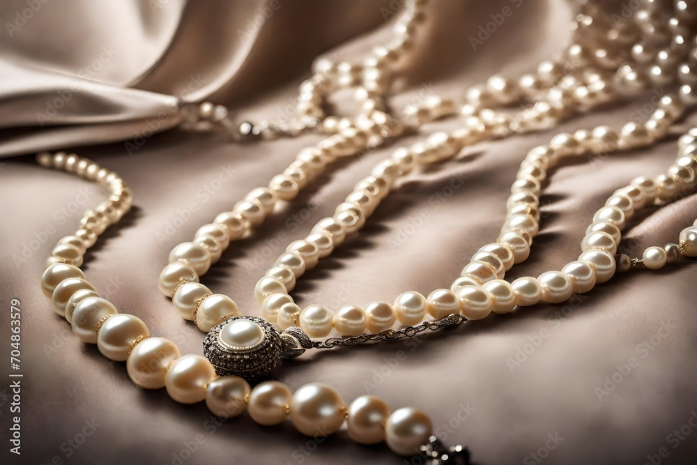elegant pearl necklace draped over a velvet display, capturing the classic and refined allure of timeless jewelry in a sophisticated setting