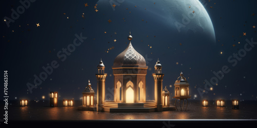 Ornamental Arabic lanterns with burning candle glowing. space for text