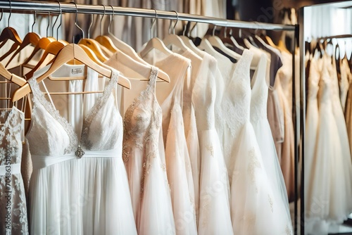 Beautiful elegant luxury bridal dress on hangers. White wedding hanging on hanger in bridal shop boutique salon. Closeup no person 