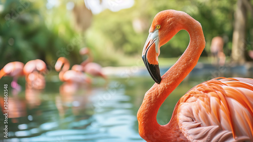 a flamingo jungle, water landscape wallpaper, wildlife photo, with empty copy space © Uwe