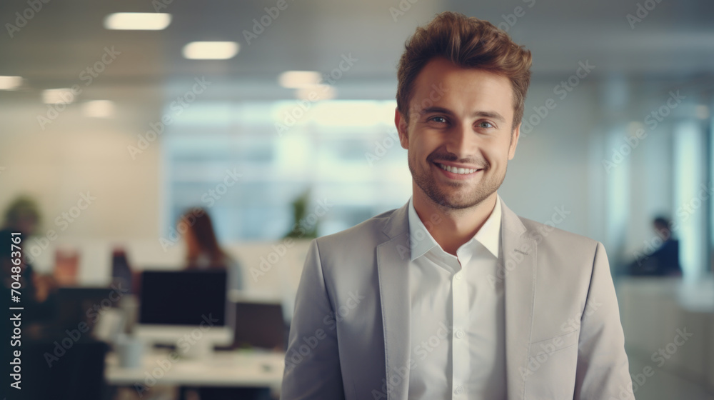 Portrait of a handsome business man standing in the office smiling, co-workers and employees in the background Portrait of a handsome business man standing in the office smiling, co-workers and employees in the background