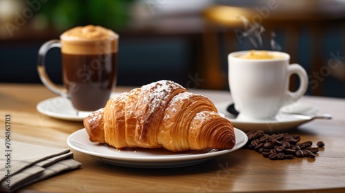  a croissant sitting on a plate next to a cup of coffee and a cup of coffee on a table.