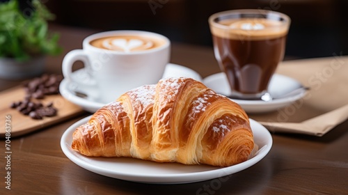  a croissant sitting on a plate next to a cup of coffee and a plate with a pastry on it.