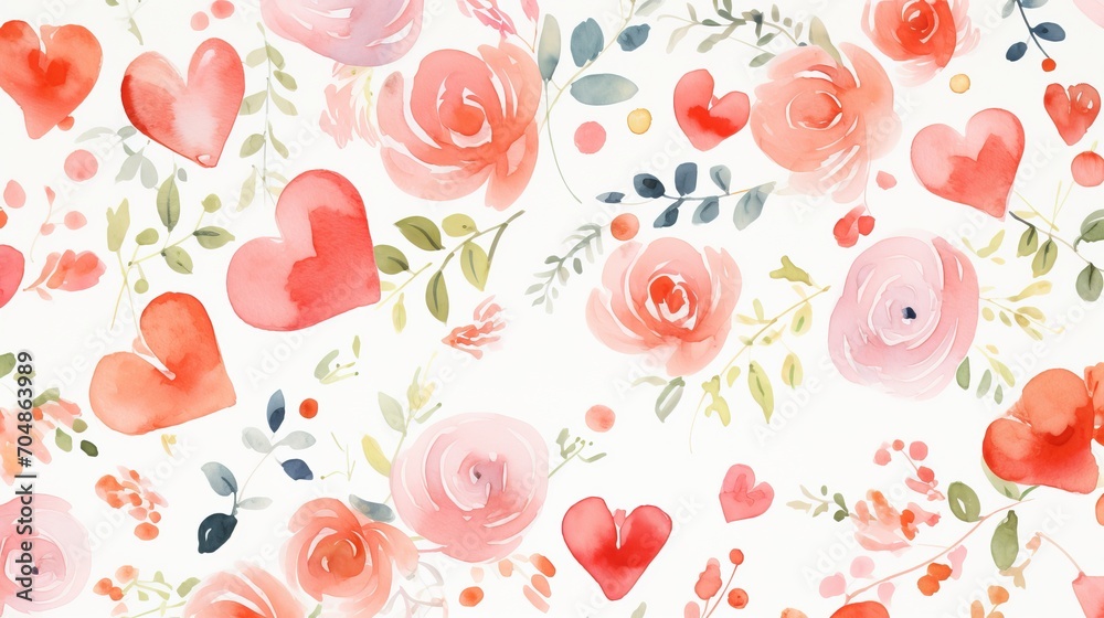 Romantic Watercolor Hearts and Roses Pattern Romantic Watercolor Hearts and Roses Pattern