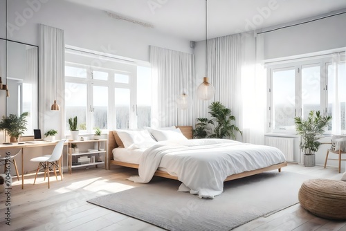Scandinavian interior design of modern bedroom. Beautiful white view and plants 