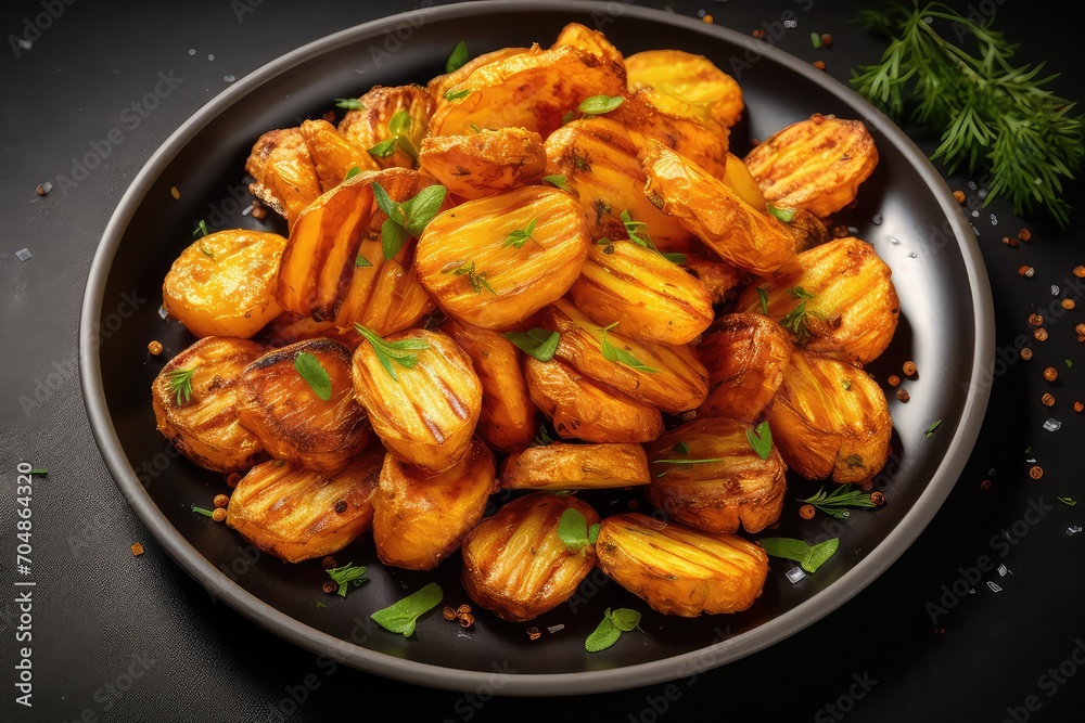 Baked crispy potatoes with herbs on a black plate viewed at an angle from above
