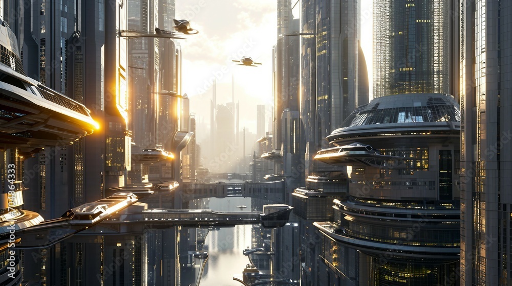 A futuristic cityscape with towering skyscrapers