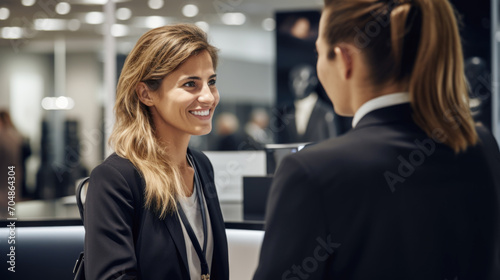 Two young business woman, co-workers standing in the office talking and smiling photo