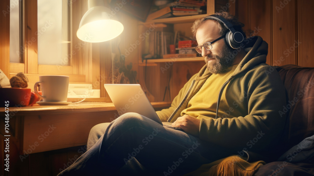 Man with headphones working on laptop at home