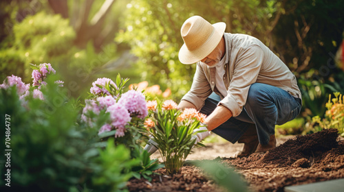 Male gardener planting flowers in the sunny garden photo