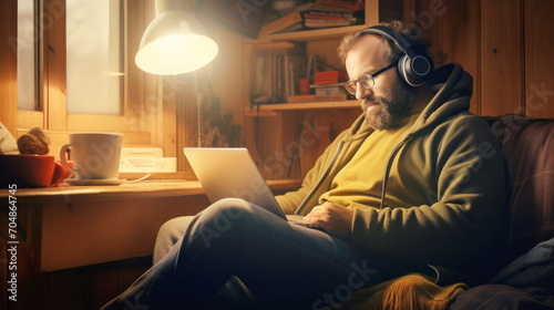 Man with headphones working on laptop at home © Jasmina