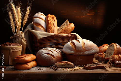 Food concept. Various bread bakery assorted background with copy space photo