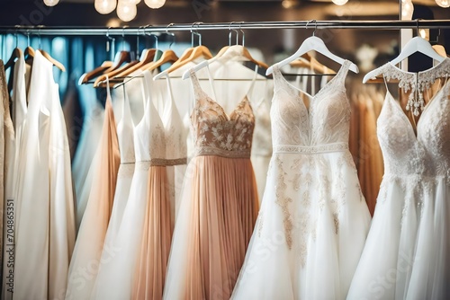 Beautiful elegant luxury bridal dress on hangers. White wedding  hanging on hanger in bridal shop boutique salon photo