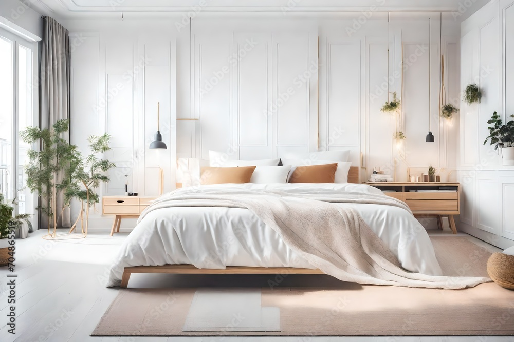 Scandinavian interior design of modern bedroom. white view