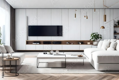 White sofa and tv unit in spacious room. Luxury home interior design of modern living room, panorama with tv