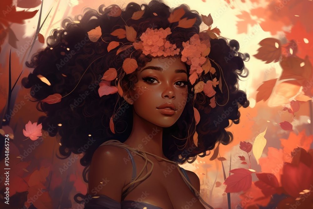 Beautiful smiling black woman with brown leaves on the hair. Beauty and nature. Generative AI